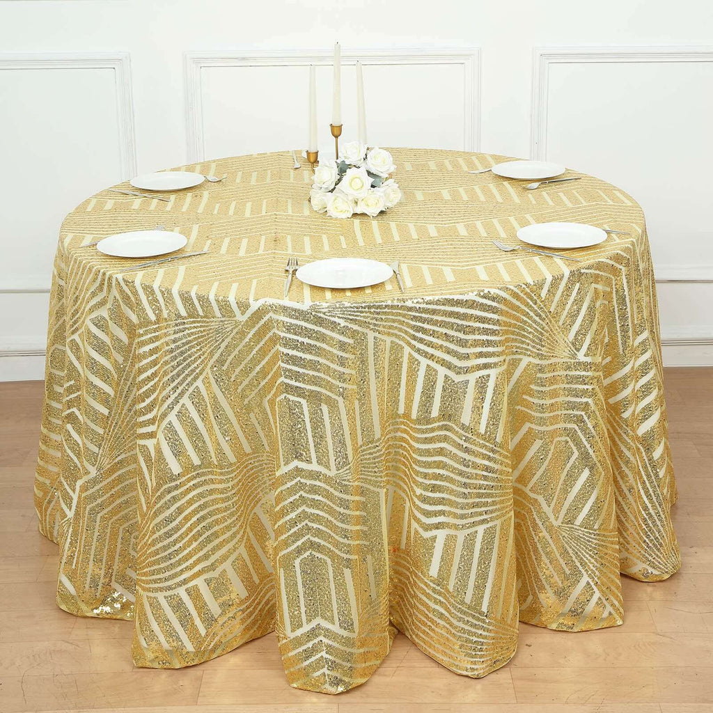Sequin 120" Round Tablecloth Gold - Seamless Diamond Glitz Design for Glamorous Gatherings
