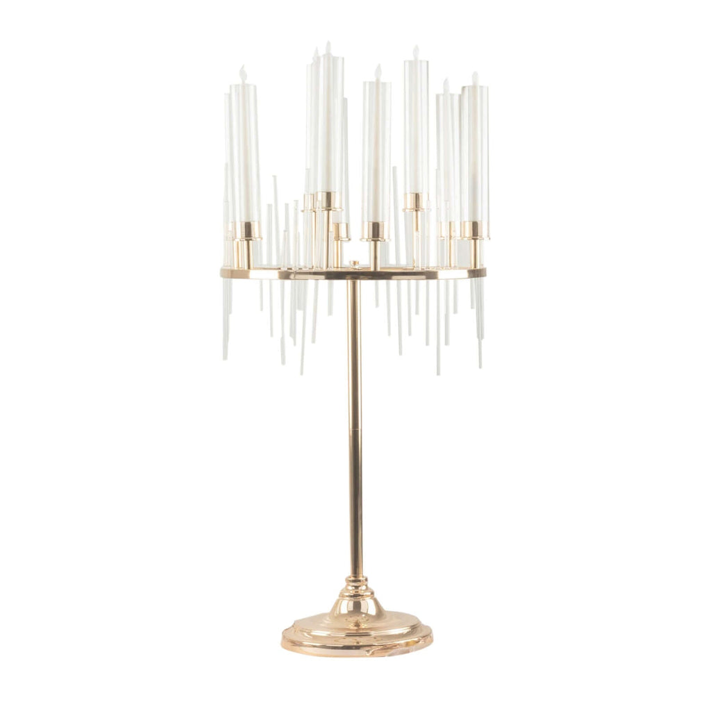 Metal 9-Arm Round Cluster Taper Candelabra Table Centerpiece Gold - Candlestick Holder Table Centerpiece With Drip Accents and Clear Glass Shades 40"