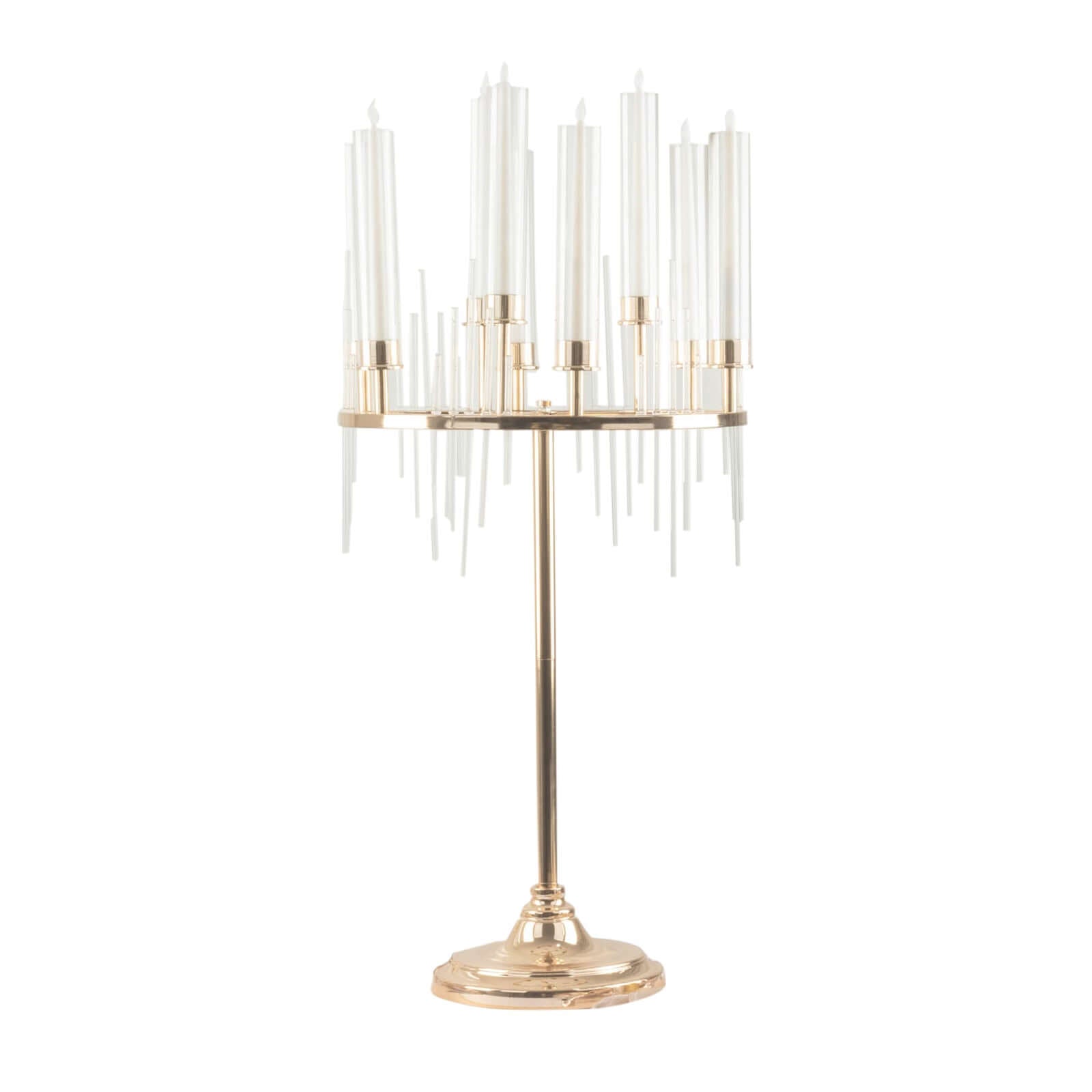 Metal 9-Arm Round Cluster Taper Candelabra Table Centerpiece Gold - Candlestick Holder Table Centerpiece With Drip Accents and Clear Glass Shades 40"