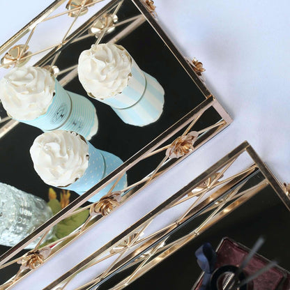 Set of 2 Metal Mirrored Rectangle Serving Trays in Gold with Rose Borders, Glamorous Decorative Vanity Tray Centerpiece 15"x8", 19"x12"
