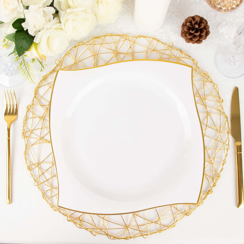 10-Pack Plastic 10" Square Dinner Plates in White with Gold Wavy Rim Modern - Disposable Party Plates for Luxe Events & Banquets