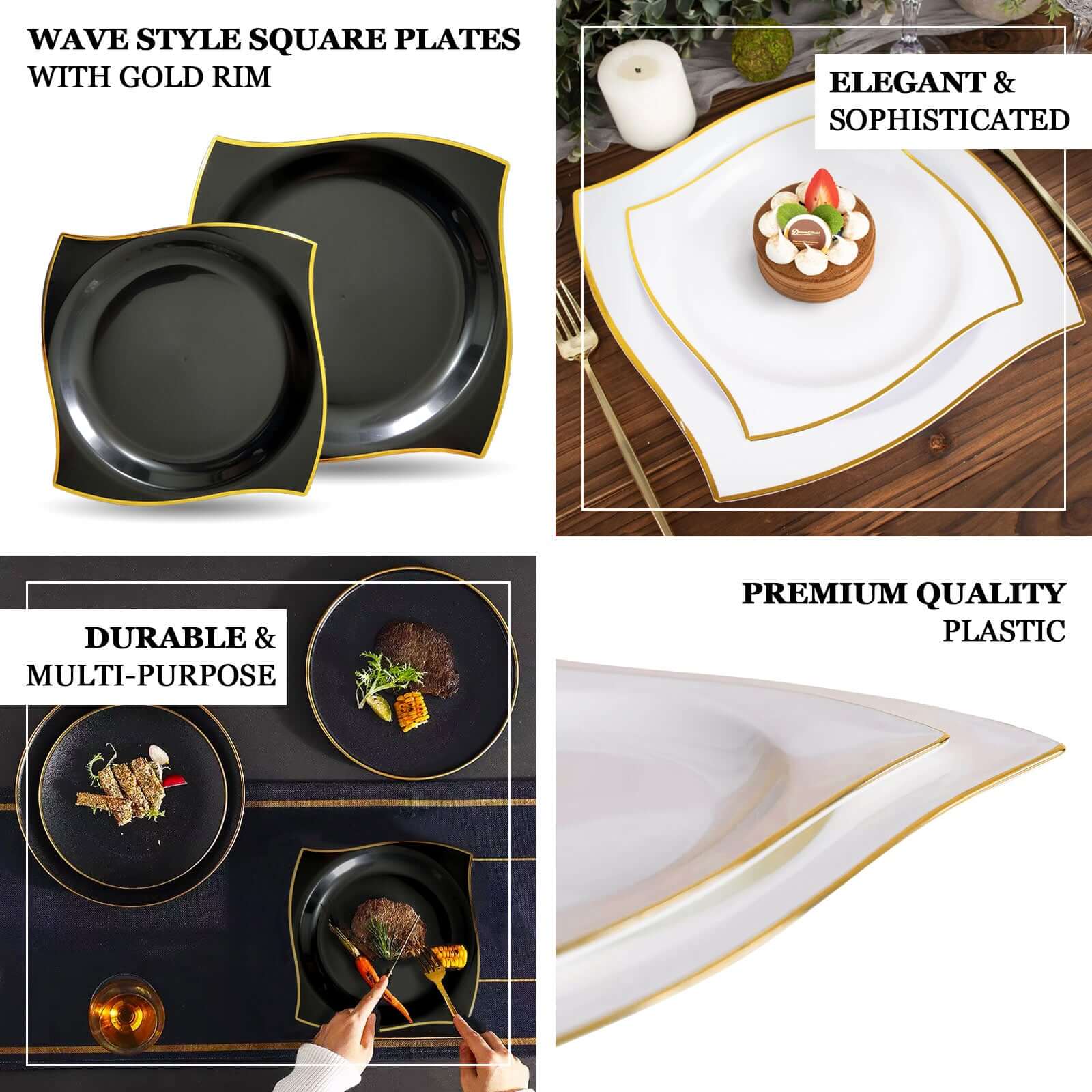 10-Pack Plastic 10" Square Dinner Plates in Black with Gold Wavy Rim Modern - Disposable Party Plates