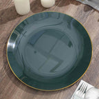 10-Pack Plastic 10" Round Dinner Plates in Hunter Emerald Green with Gold Rim - Glossy Disposable Party Plates