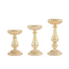Set of 3 Candle Holder Stands Gold Mercury Glass Pillar Design - Stylish Votive Centerpieces for Tables & Decor 7", 8", 10"
