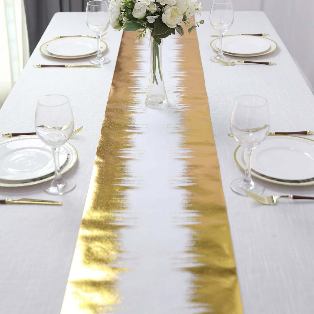 Disposable Table Runner Roll 108" Metallic Gold Foil Icicle Pattern - Stylish Non-Woven Table Decor for Special Occasions