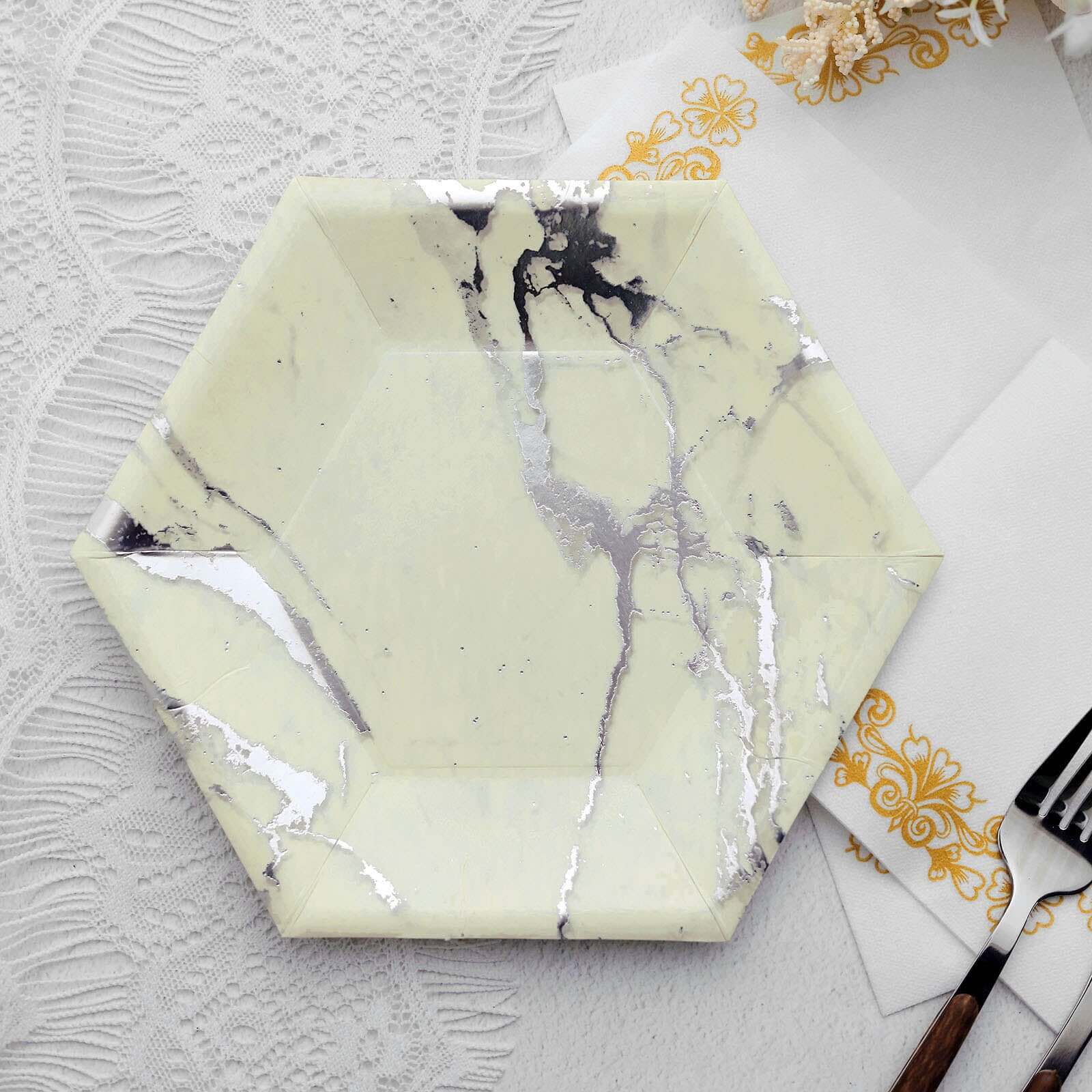 25-Pack Paper 8.5" Hexagon Dessert Plates in Ivory with Silver Marble Design - Disposable Geometric 400GSM Appetizer Salad Plates for Events & Banquets