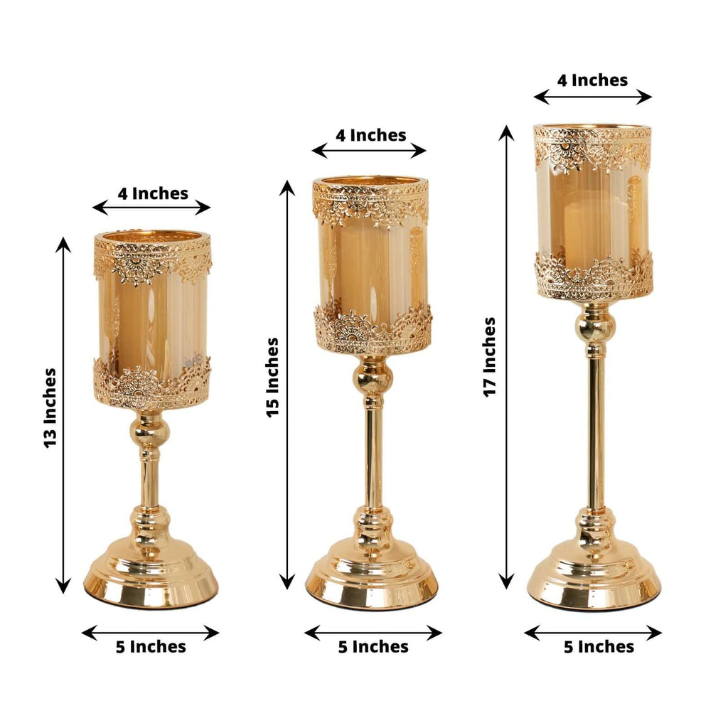 Set of 3 Lace Votive Candle Stands Antique Gold with Hurricane Glass Shades - Refined Pillar Candle Holders 13", 15", 17"