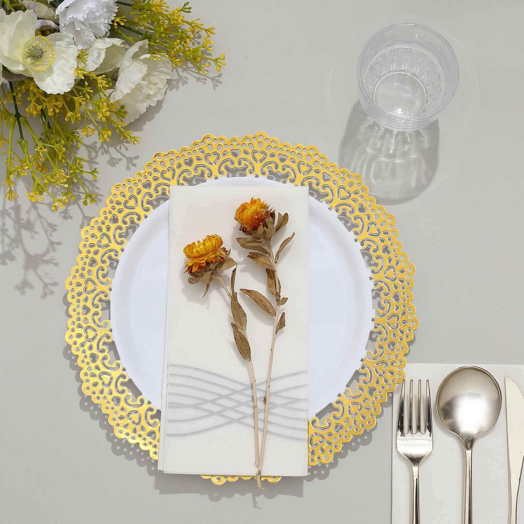 10-Pack Plastic 10" Round Dinner Plates in White with Gold Lace Rim - Disposable Party Plates for Classy Events & Banquets