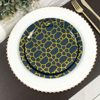 20-Pack Set Plastic Round Dinner and Salad Plates in Navy Blue with Geometric Gold Print - Modern Disposable Dinnerware Set for Weddings & Celebrations 9", 7"