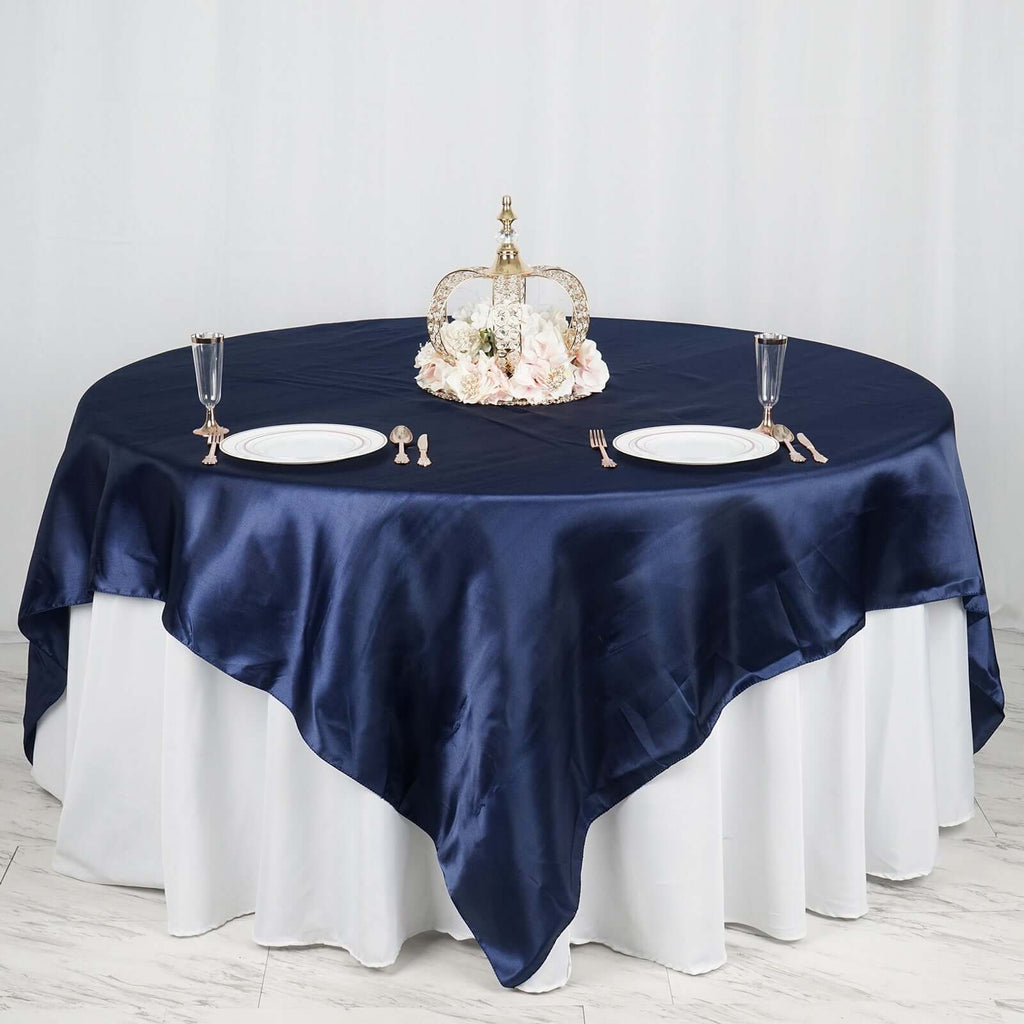 Satin 90"x90" Table Overlay Square Tablecloth Navy Blue - Smooth Finish Table Topper