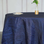 Taffeta 120" Round Tablecloth Navy Blue - Seamless Accordion Crinkle Table Cover