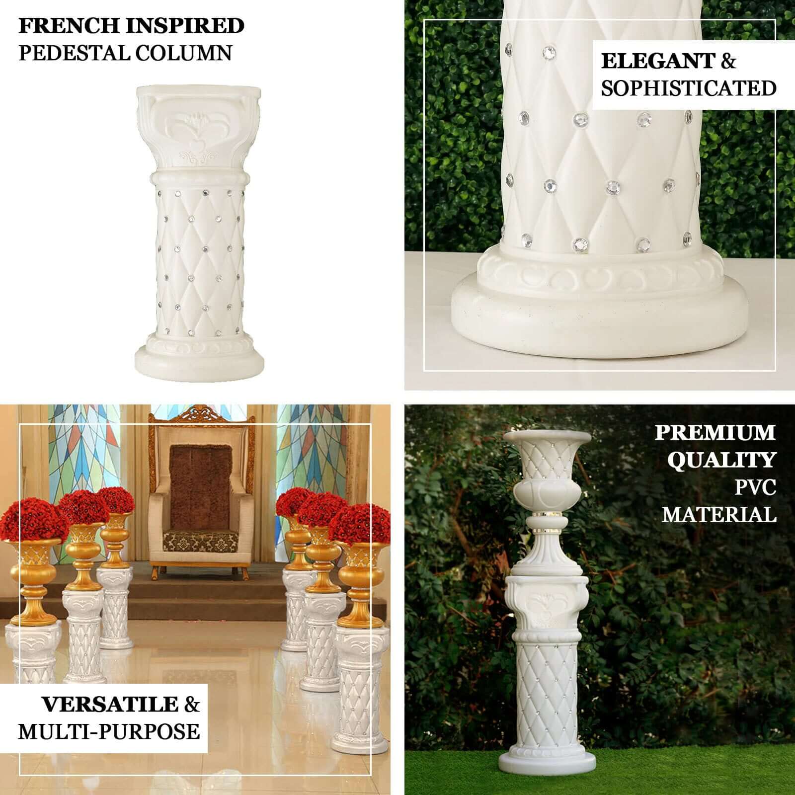 2 Pack White Crystal Beaded Pedestal Stand French Inspired Pillar With 10mm Crystal Studs - 25" Tall PVC