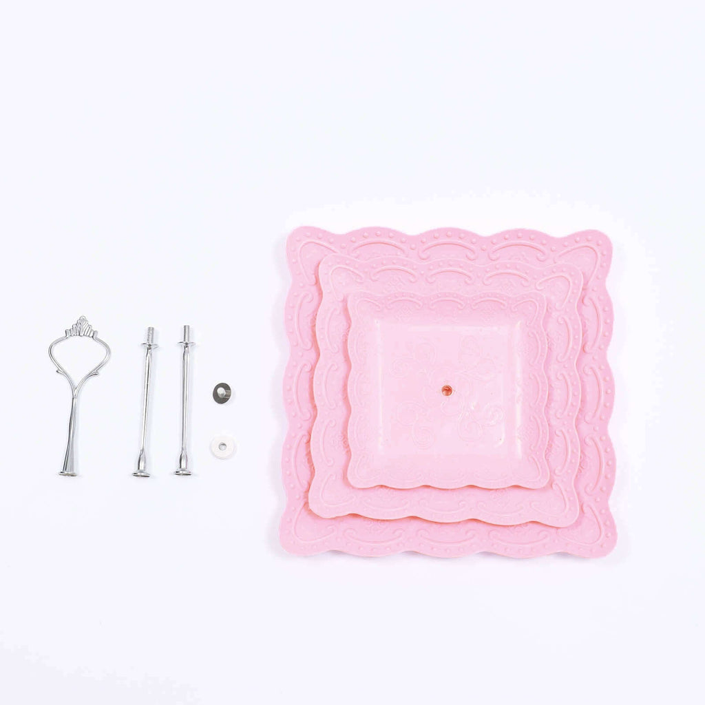 3-Tier Plastic Square Cupcake Stand Tower Pink - Charming Easy to Assemble Dessert Display Serving Tray Platter with Floral Embossed Scalloped Rim & Silver Handle for Tea Parties Weddings & Special Occasions 13"