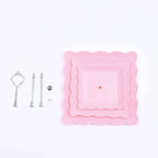 3-Tier Plastic Square Cupcake Stand Tower Pink - Charming Easy to Assemble Dessert Display Serving Tray Platter with Floral Embossed Scalloped Rim & Silver Handle for Tea Parties Weddings & Special Occasions 13"