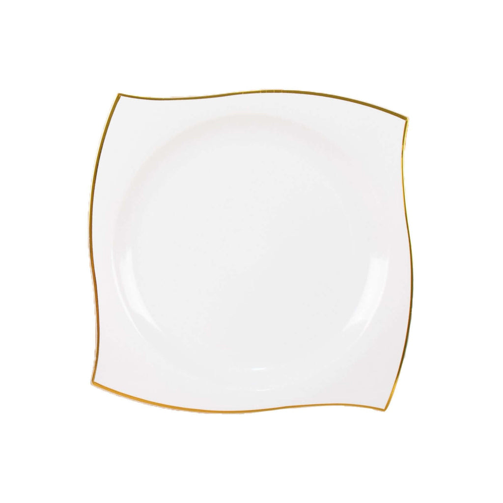 10-Pack Plastic 8" Square Dessert Plates in White with Gold Wavy Rim Modern - Disposable Salad Appetizer Party Plates for Luxe Events & Banquets