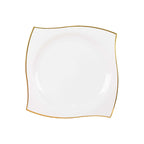 10-Pack Plastic 8" Square Dessert Plates in White with Gold Wavy Rim Modern - Disposable Salad Appetizer Party Plates for Luxe Events & Banquets