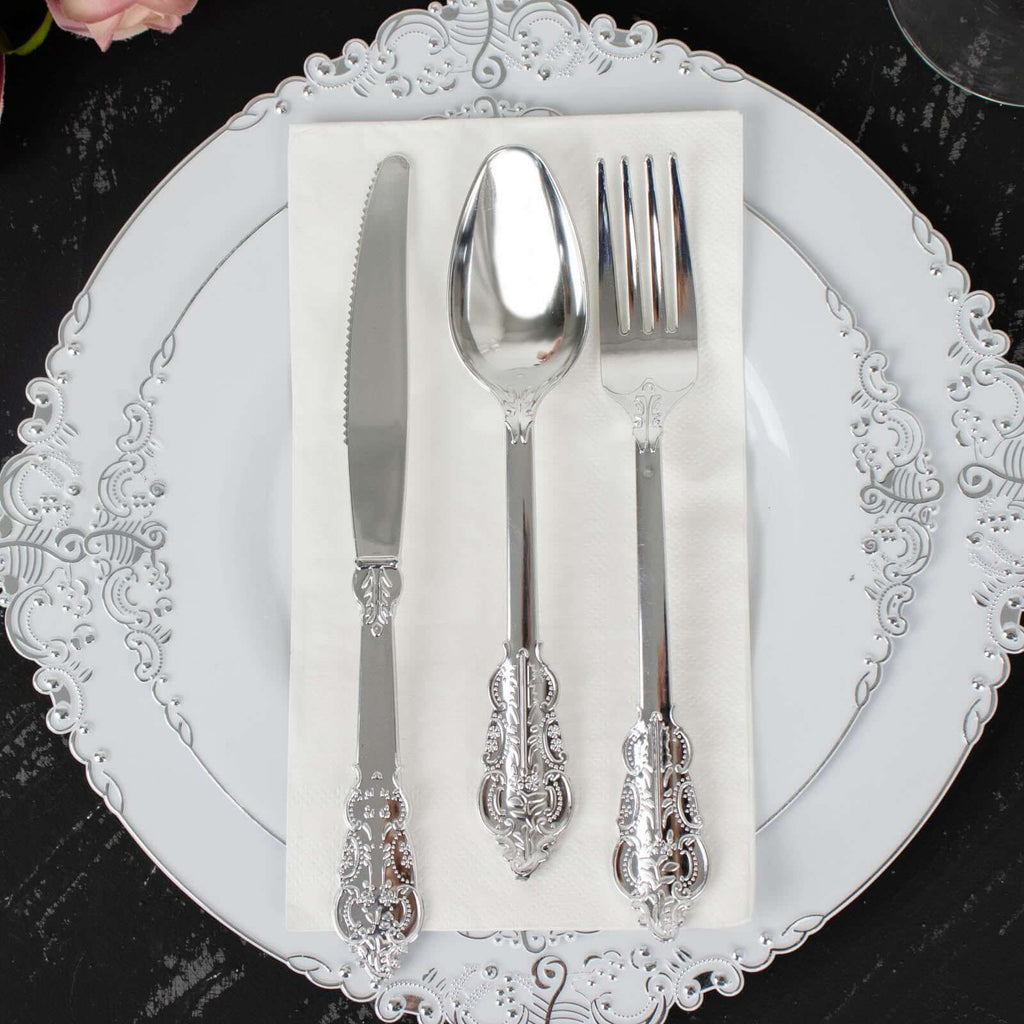 24 Pcs Plastic Silverware Set in Baroque Style Metallic Silver - Heavy Duty Disposable Knife, Fork, and Spoon Set