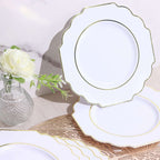 10-Pack Plastic Dessert Appetizer Plates in White Baroque Design with Scalloped Gold Rim - Heavy Duty Disposable Salad Plates for Formal Events & Banquets 8"