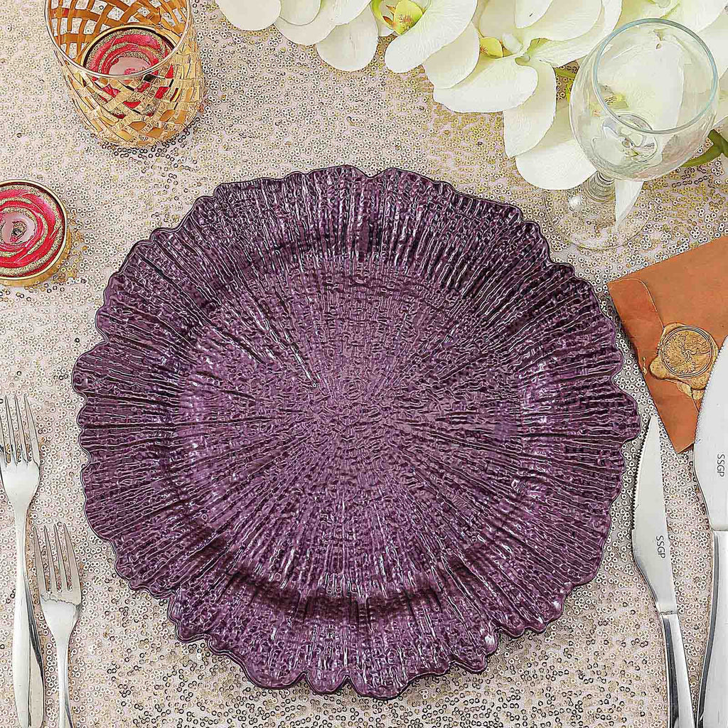 6-Pack Acrylic Plastic Round Charger Plates 13" in Purple with Reef Design, Dinner Charger Tableware