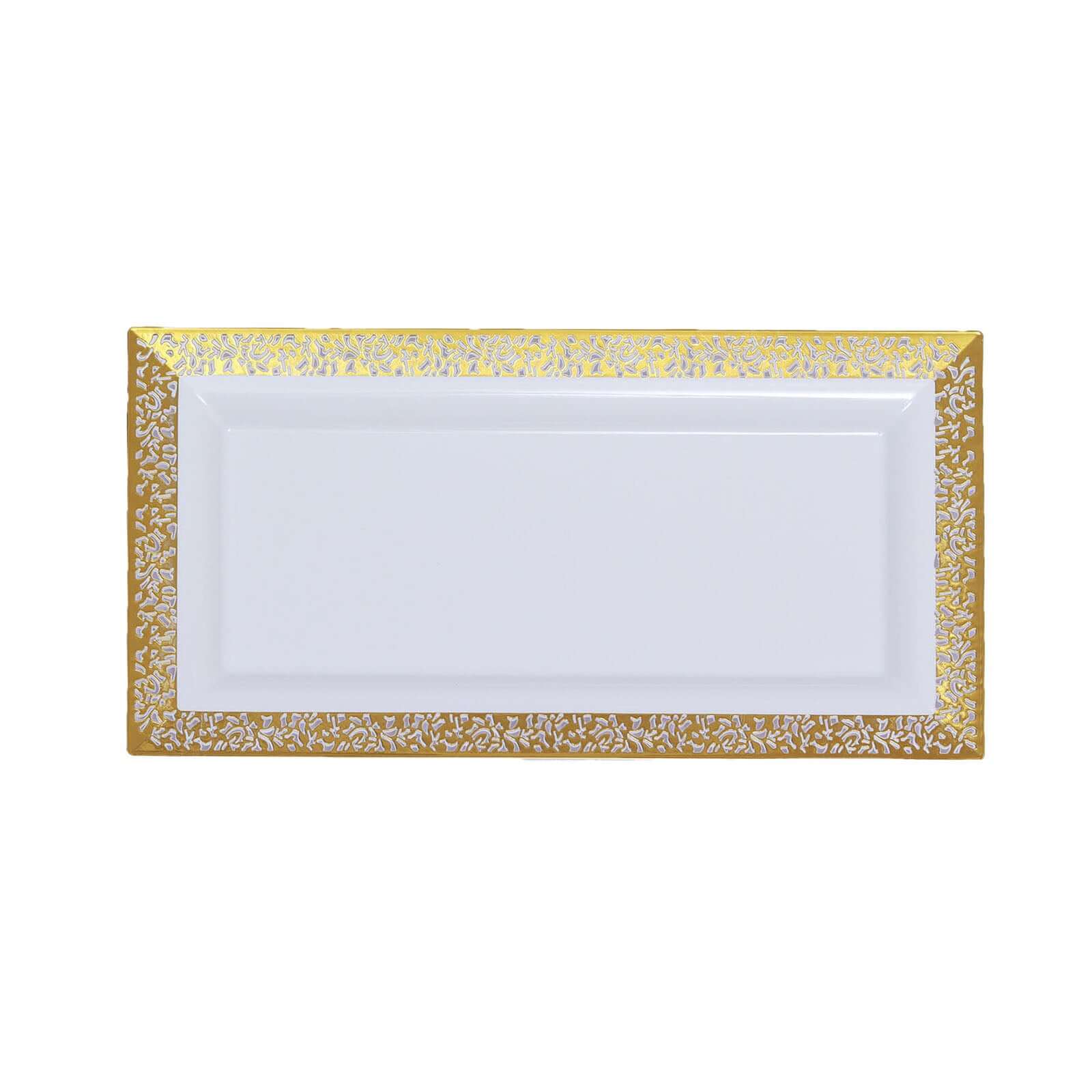 4-Pack Plastic 14" Rectangle Serving Trays White with Gold Lace Rim - Chic Decorative Table Tray Platters for Buffets Banquets Dinner Parties