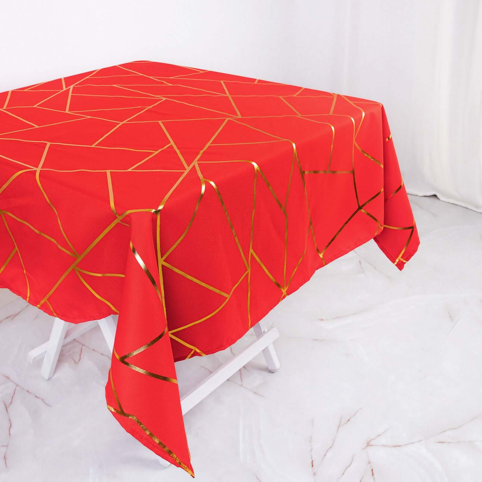 Polyester 54"x54" Square Tablecloth Red with Gold Foil Geometric Pattern - Wrinkle-Resistant & Durable Table Cover