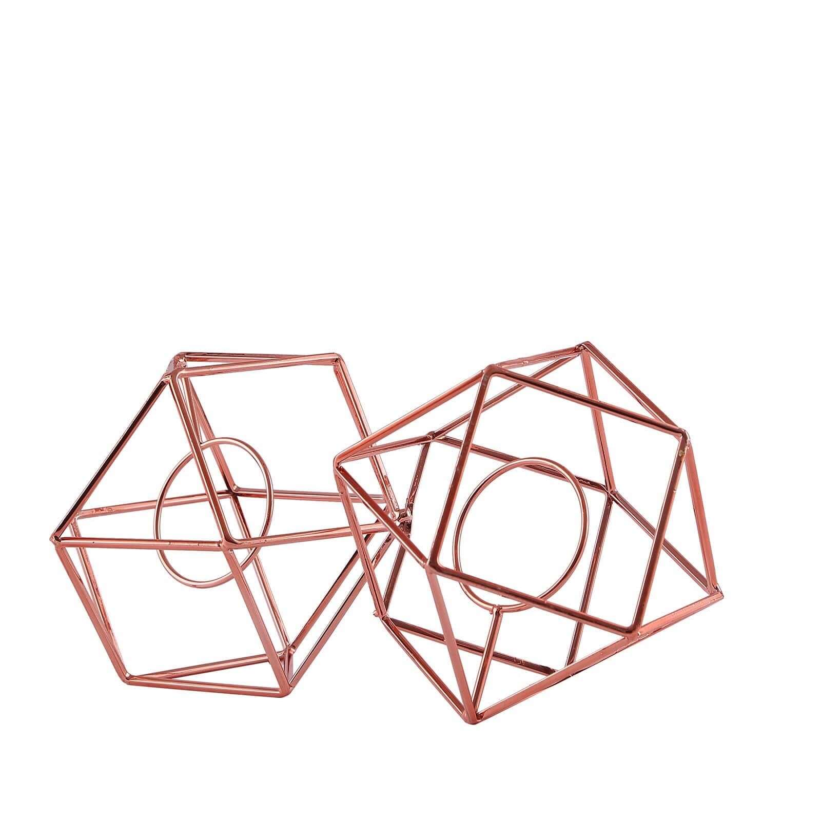 Set of Metal Candle Holders Linked Geometric Design Rose Gold - Modern Table Decor with Votive Glass for Gatherings 11"