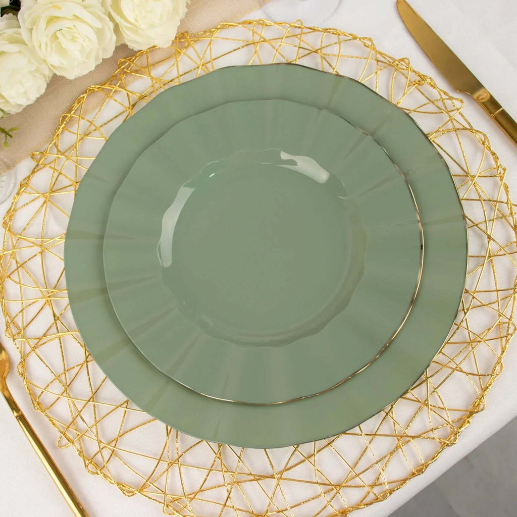 10-Pack Plastic 9" Round Dinner Plates in Dusty Sage Green Ruffled Rim with Gold Edging - Sturdy Disposable Dinnerware
