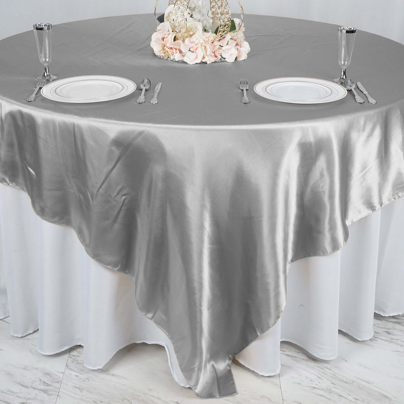 Satin 90"x90" Table Overlay Square Tablecloth Silver - Smooth Finish Table Topper