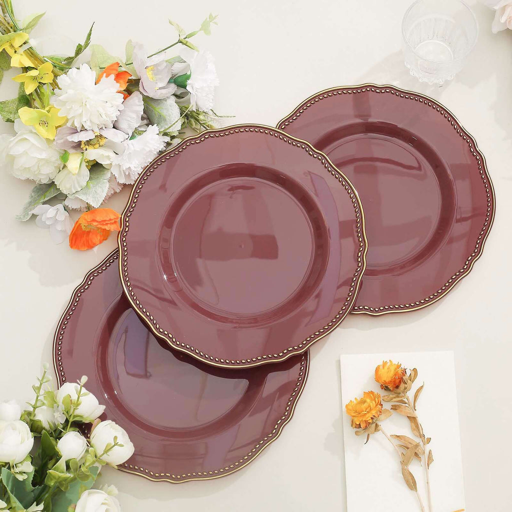 10-Pack Plastic Dinner Plates in Cinnamon Rose with Gold Scalloped Rim - Disposable Party Plates 9"