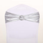 5 Pack Metallic Spandex Chair Sashes Silver - Stretch Fit Chair Bands With Round Diamond Buckles