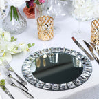 2-Pack Glass Mirror Round Charger Plates 13" in Silver with Jeweled Rim - Premium Decorative Dinner Party Charger Tableware