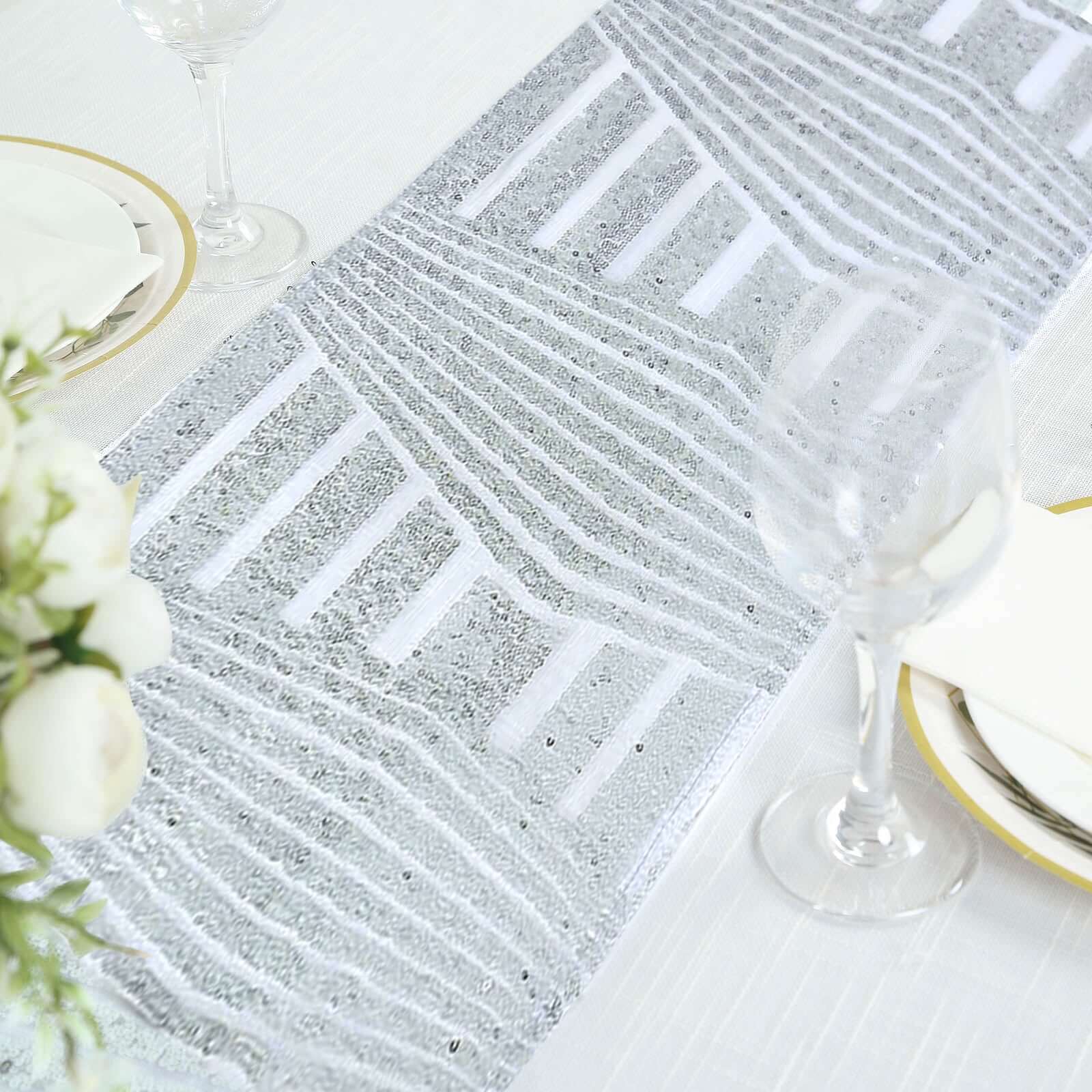 Sequin 12"x108" Table Runner Silver - Diamond Glitz Design