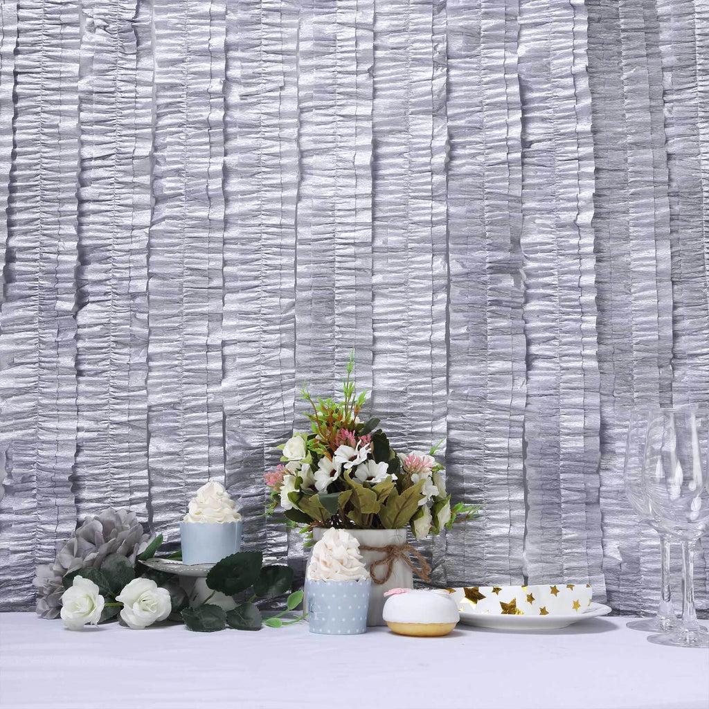3 Rolls 28ft Silver Ruffled Tissue Paper Party Streamers, Crepe Paper Backdrop Decorations