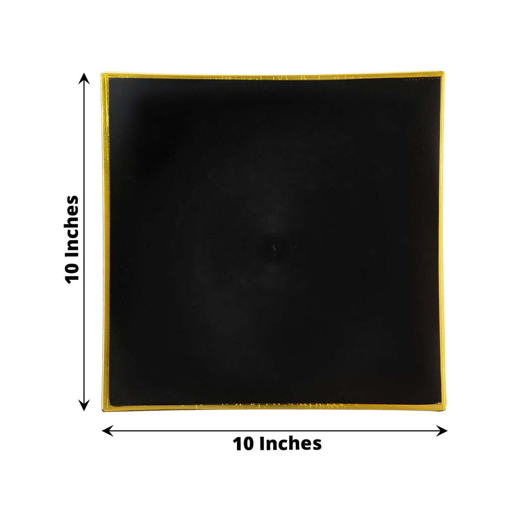 10-Pack Plastic 10" Square Dinner Plates in Black Concave Style with Gold Rim - Modern Disposable Party Plates