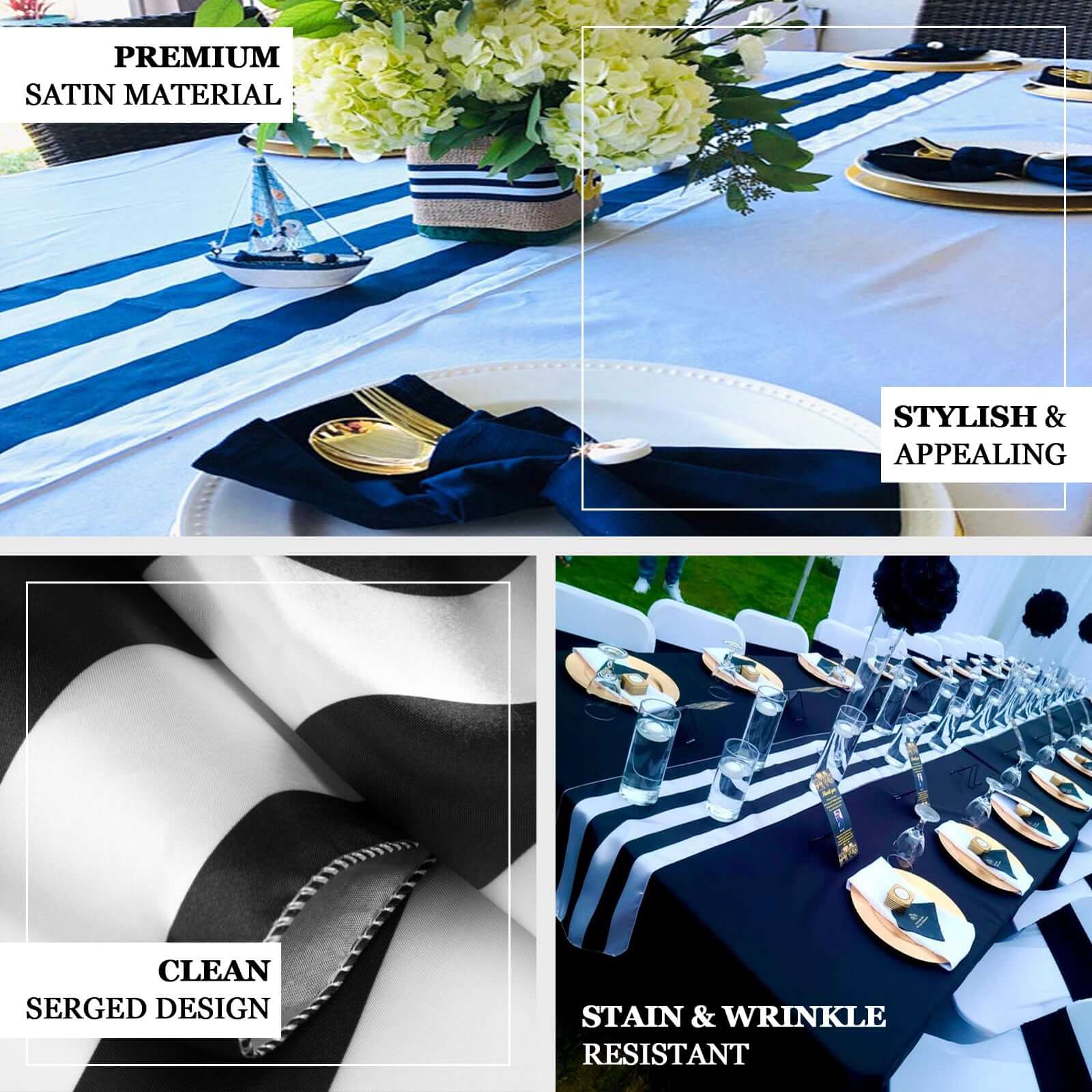 Satin 12"x108" Table Runner Navy Blue/White Stripe - Classic Striped Design