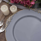 6-Pack Acrylic Round Charger Plates 13" in Charcoal Gray with Gold Embossed Baroque Rim, Antique Decorative Dinner Party Charger Tableware