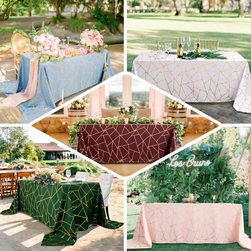 Polyester 90"x156" Rectangle Tablecloth Hunter Emerald Green Seamless with Gold Foil Geometric Pattern - Wrinkle-Resistant Seamless Table Cover for Sophisticated Events
