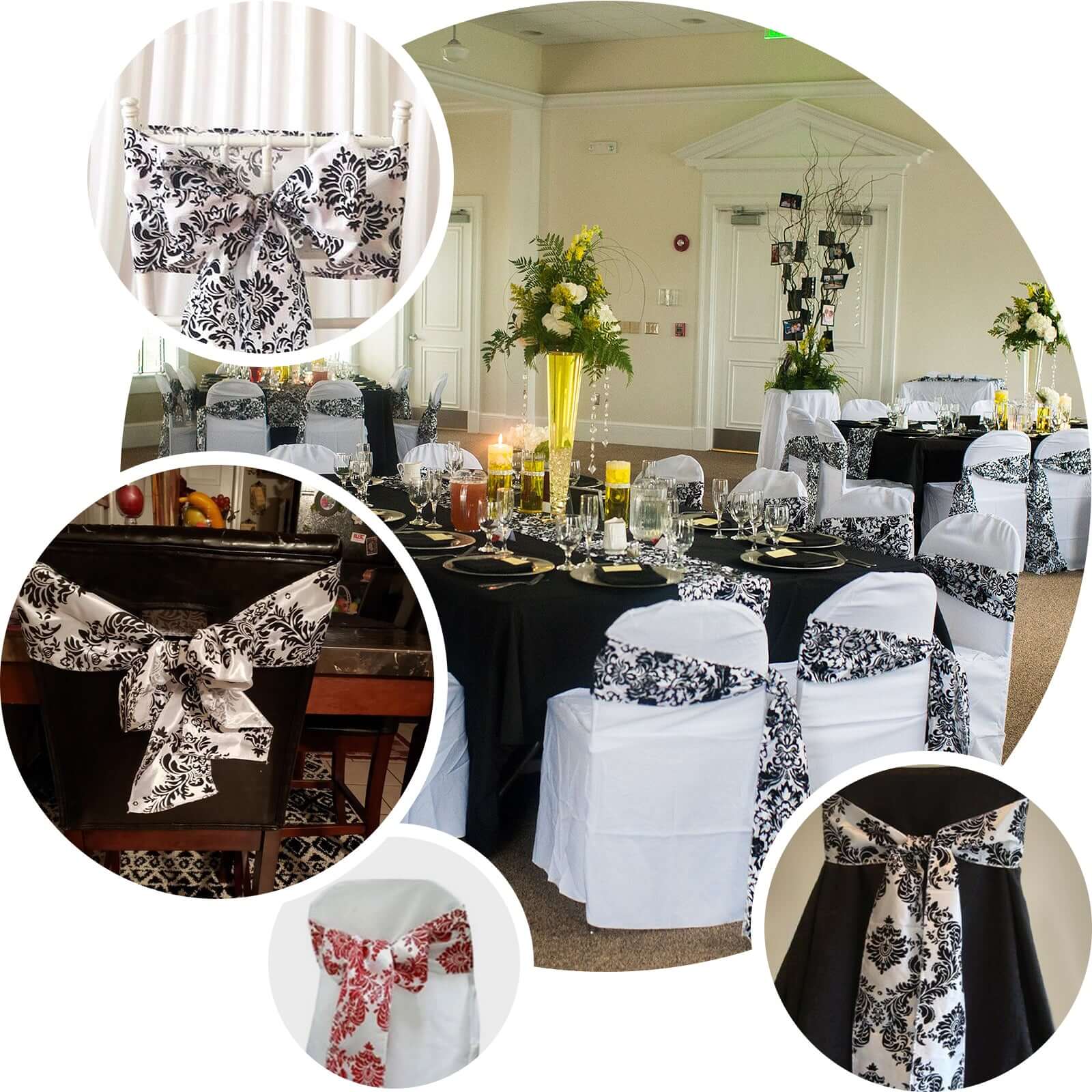 5 Pack Taffeta Damask Chair Sashes White with Black Flocking Design - Modern Vintage Event DÃ©cor 6"x108"