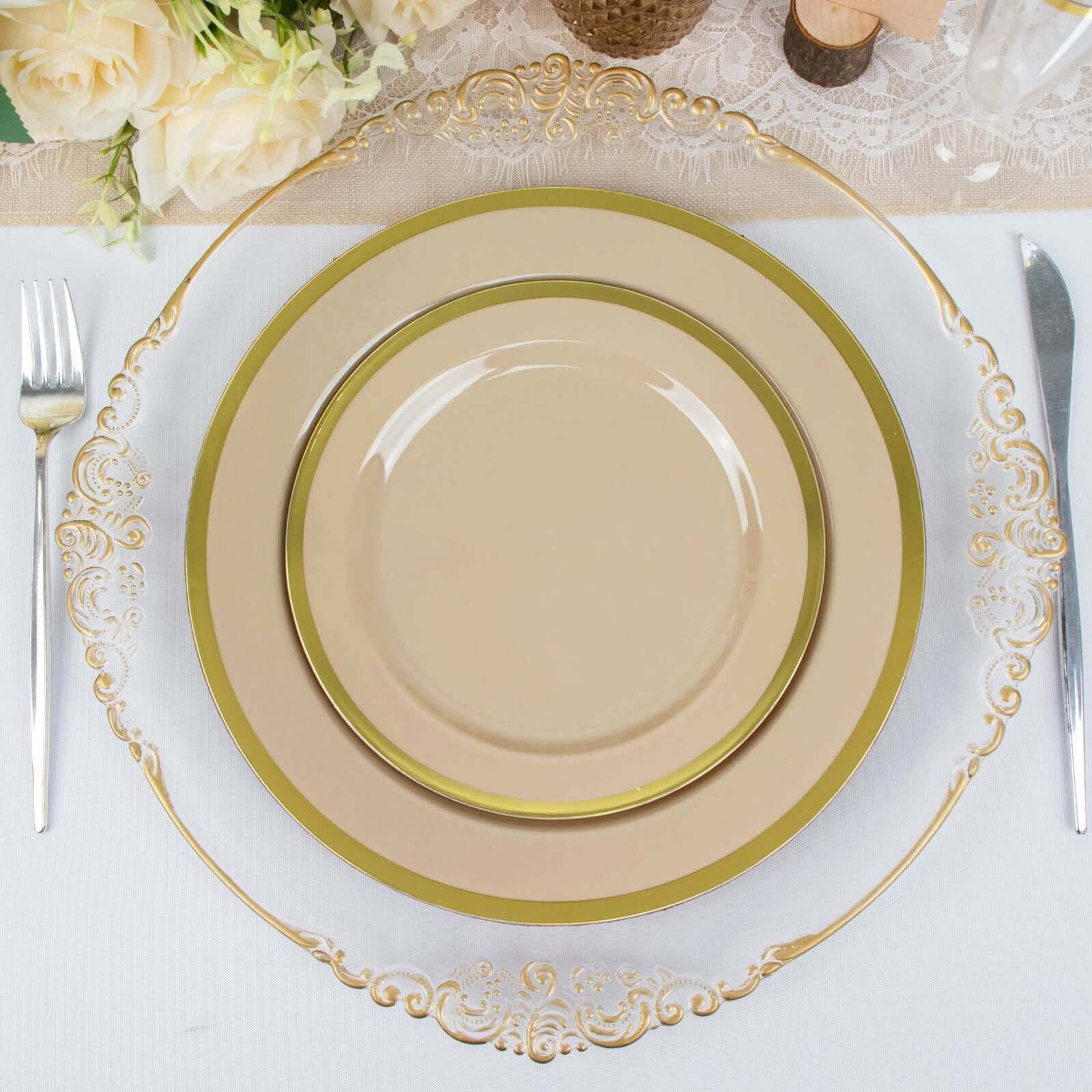 10-Pack Plastic 7" Round Appetizer Plates in Taupe with Gold Rim - Sleek Disposable Salad Plates for Banquets & Special Occasions