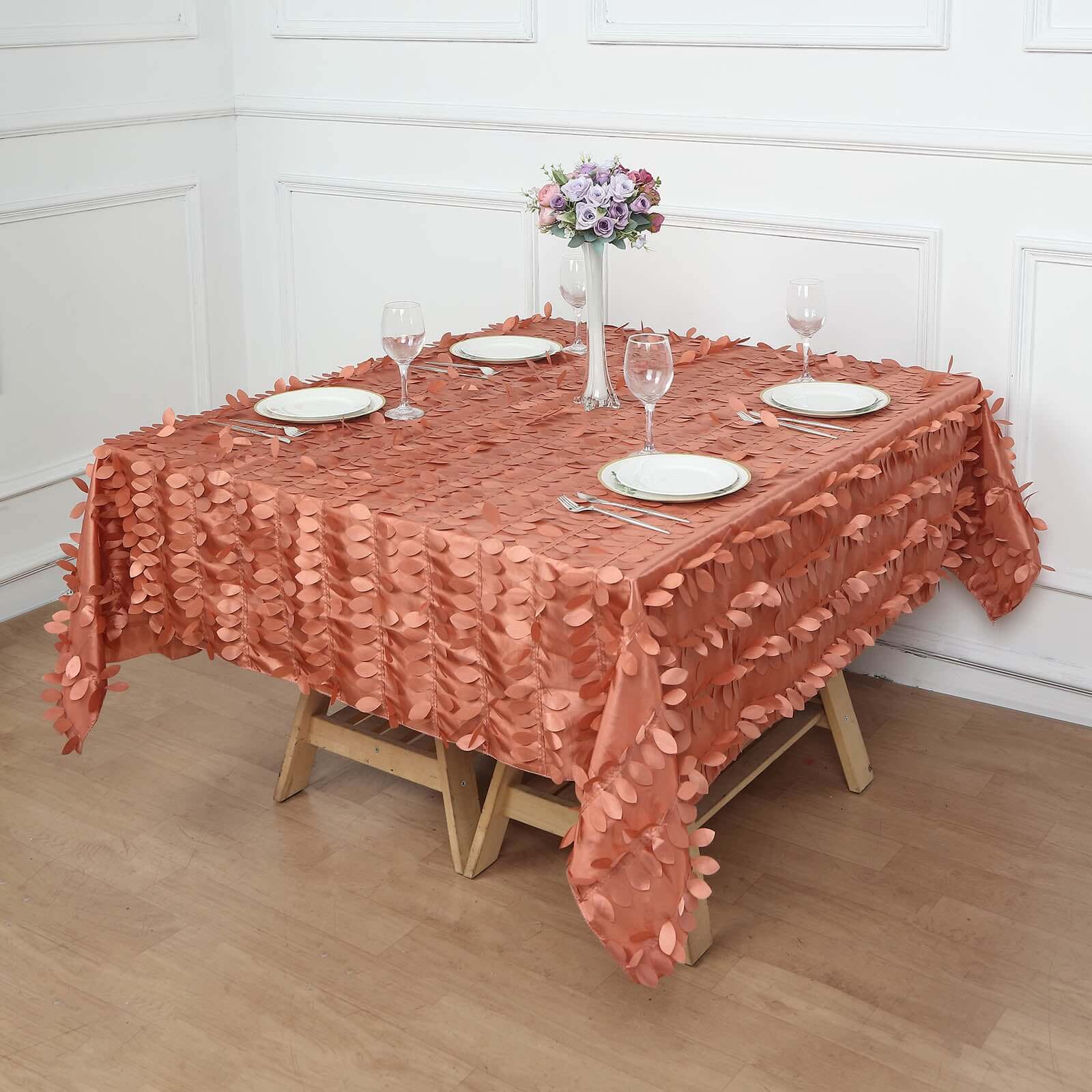 Taffeta 72"x72" Table Overlay Square Tablecloth Terracotta (Rust) - 3D Leaf Petal Table Cover
