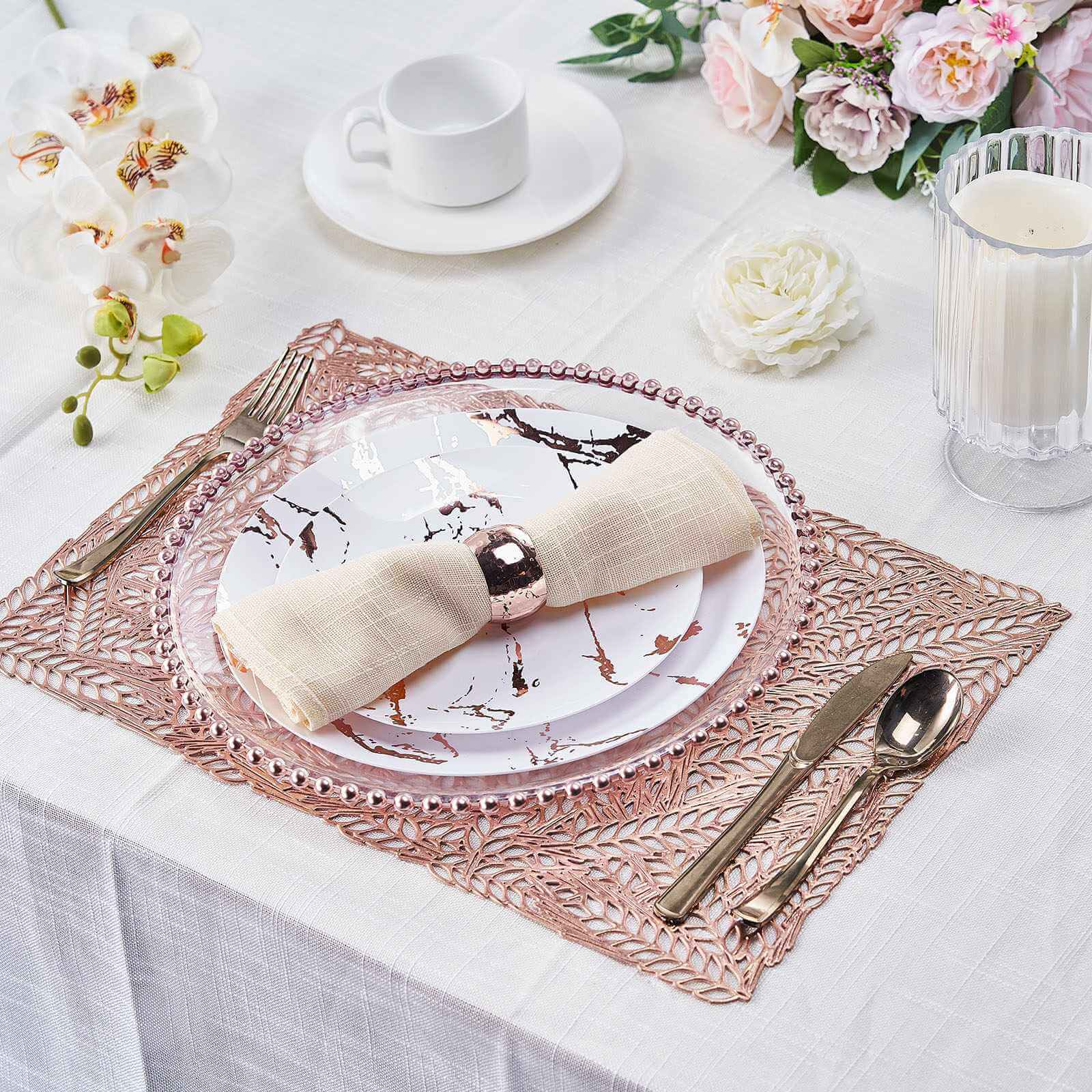 6-Pack Table Mats Wheat Design Rose Gold - Vinyl Rectangle Non-Slip Surface for Stylish Settings 12"x18"