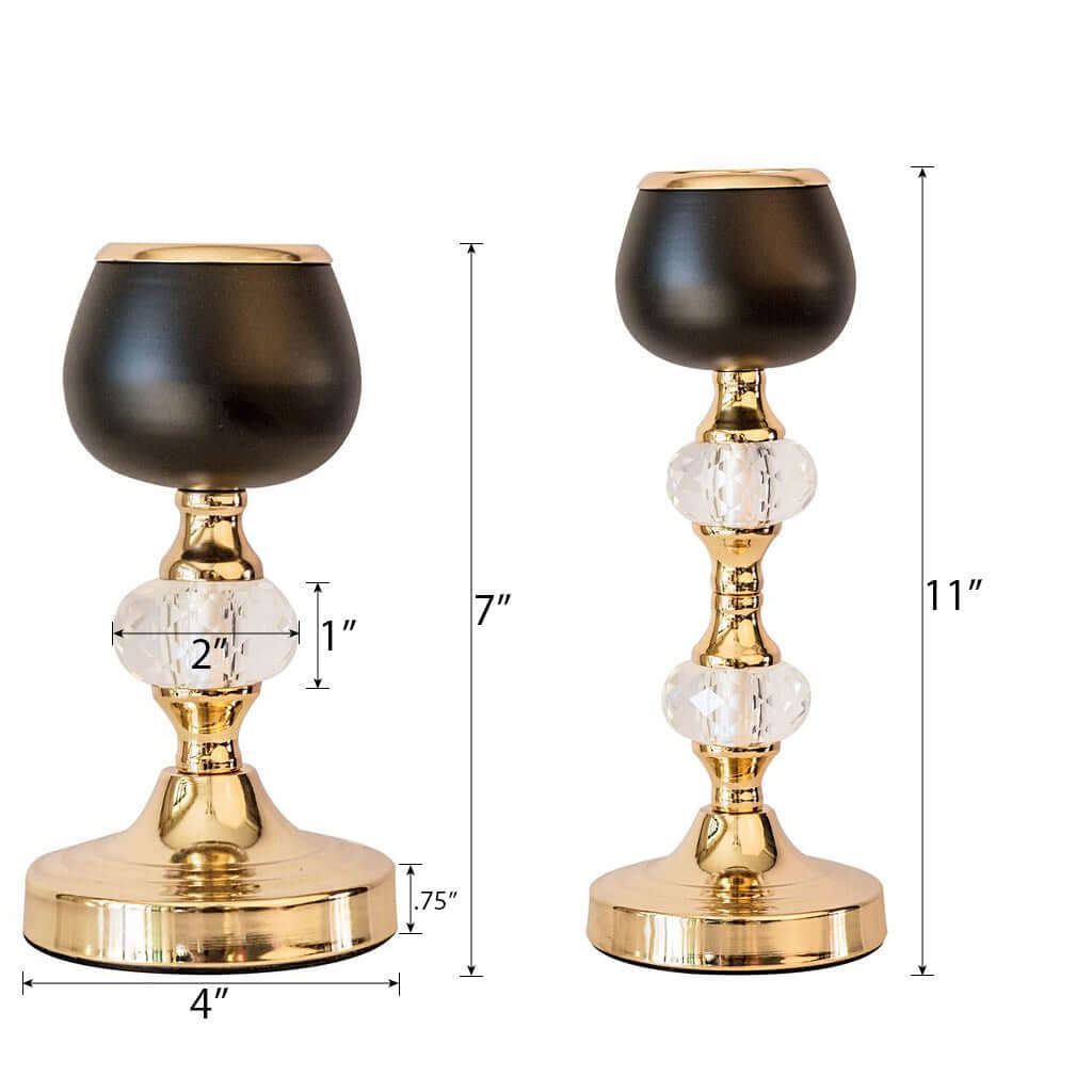 Set of 2 Metal Crystal Lamp Candle Holders Gold/Black - Sophisticated Votive Tealight Stands 7", 11"