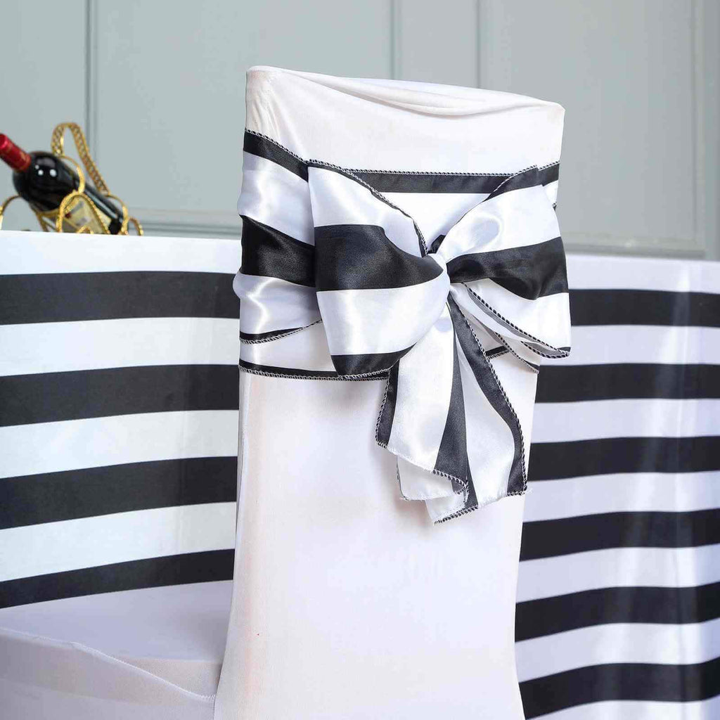 5 Pack Satin 6"x108" Chair Sashes Black/White Stripes - Sophisticated Decor for Weddings & Gatherings