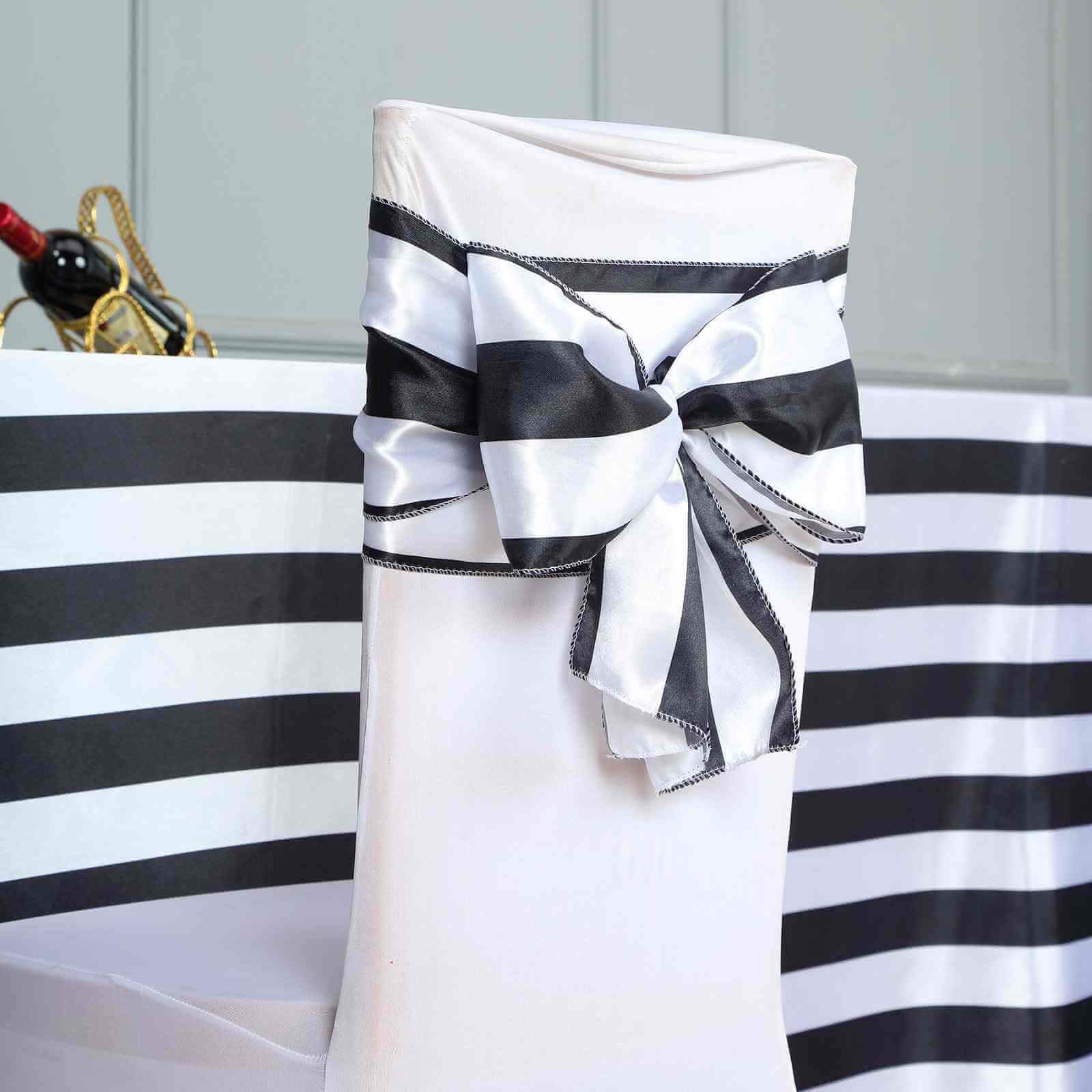 5 Pack Satin 6"x108" Chair Sashes Black/White Stripes - Sophisticated Decor for Weddings & Gatherings