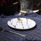 10-Pack Plastic 8" Round Dessert Plates in White with Gold Marble Print - Disposable Appetizer/Salad Plates for Chic Banquets & Special Occasions