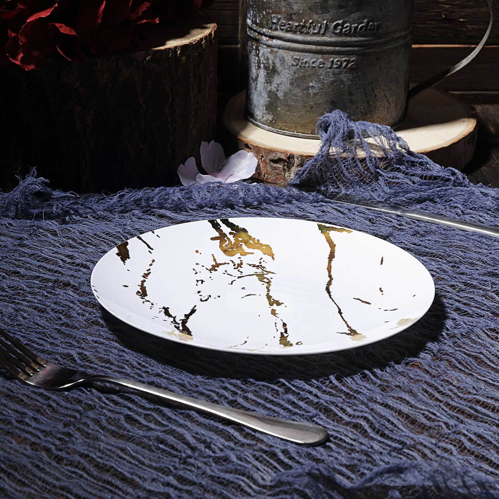 10-Pack Plastic 8" Round Dessert Plates in White with Gold Marble Print - Disposable Appetizer/Salad Plates for Chic Banquets & Special Occasions