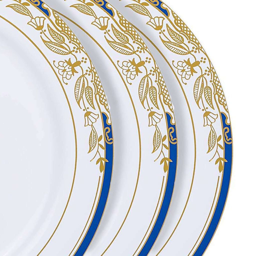 10-Pack Plastic 10" Round Dinner Plates in White with Royal Blue Rim - Stylish Gold Vine Design Disposable Party Plates for Special Occasions & Celebrations