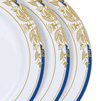 10-Pack Plastic 10" Round Dinner Plates in White with Royal Blue Rim - Stylish Gold Vine Design Disposable Party Plates for Special Occasions & Celebrations