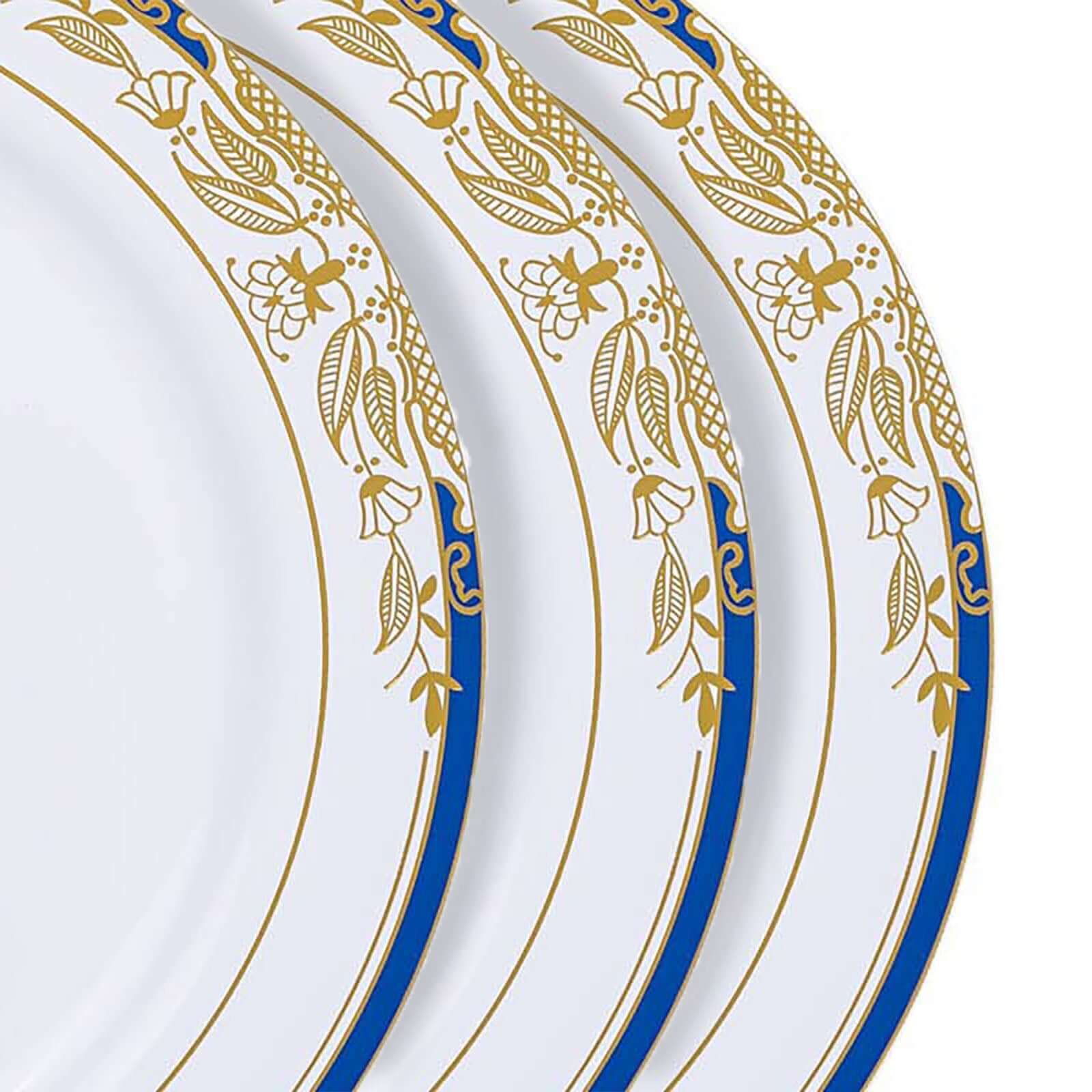 10-Pack Plastic 10" Round Dinner Plates in White with Royal Blue Rim - Stylish Gold Vine Design Disposable Party Plates for Special Occasions & Celebrations