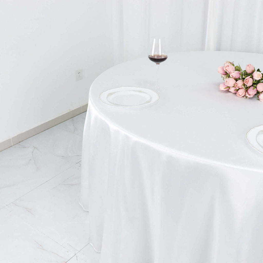 Satin 132" Round Tablecloth White - Stylish Seamless Table Cover for Weddings & Events